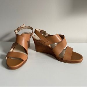 Cole Haan Cross Strap Camel Leather Wedge Sandals